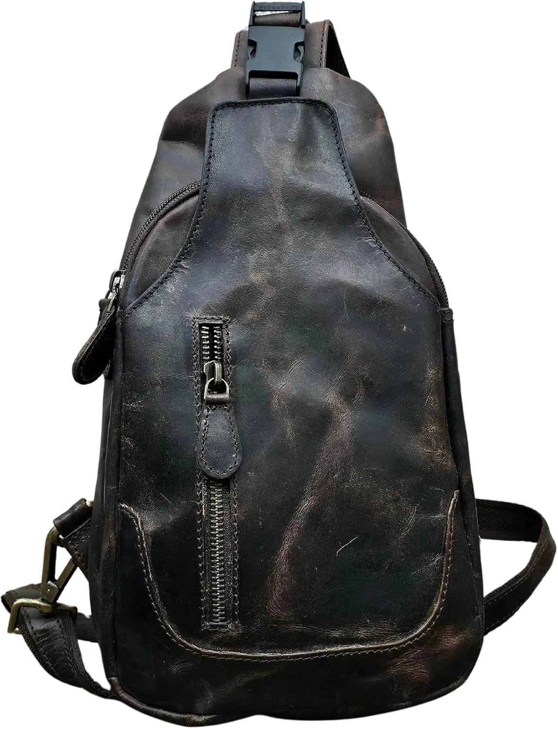 Vintage Leather Sling Backpack for Men & Women – Distressed Black Crossbody Daypack with Zipper Closure, Adjustable Strap, Lightweight Travel Shoulder Bag
