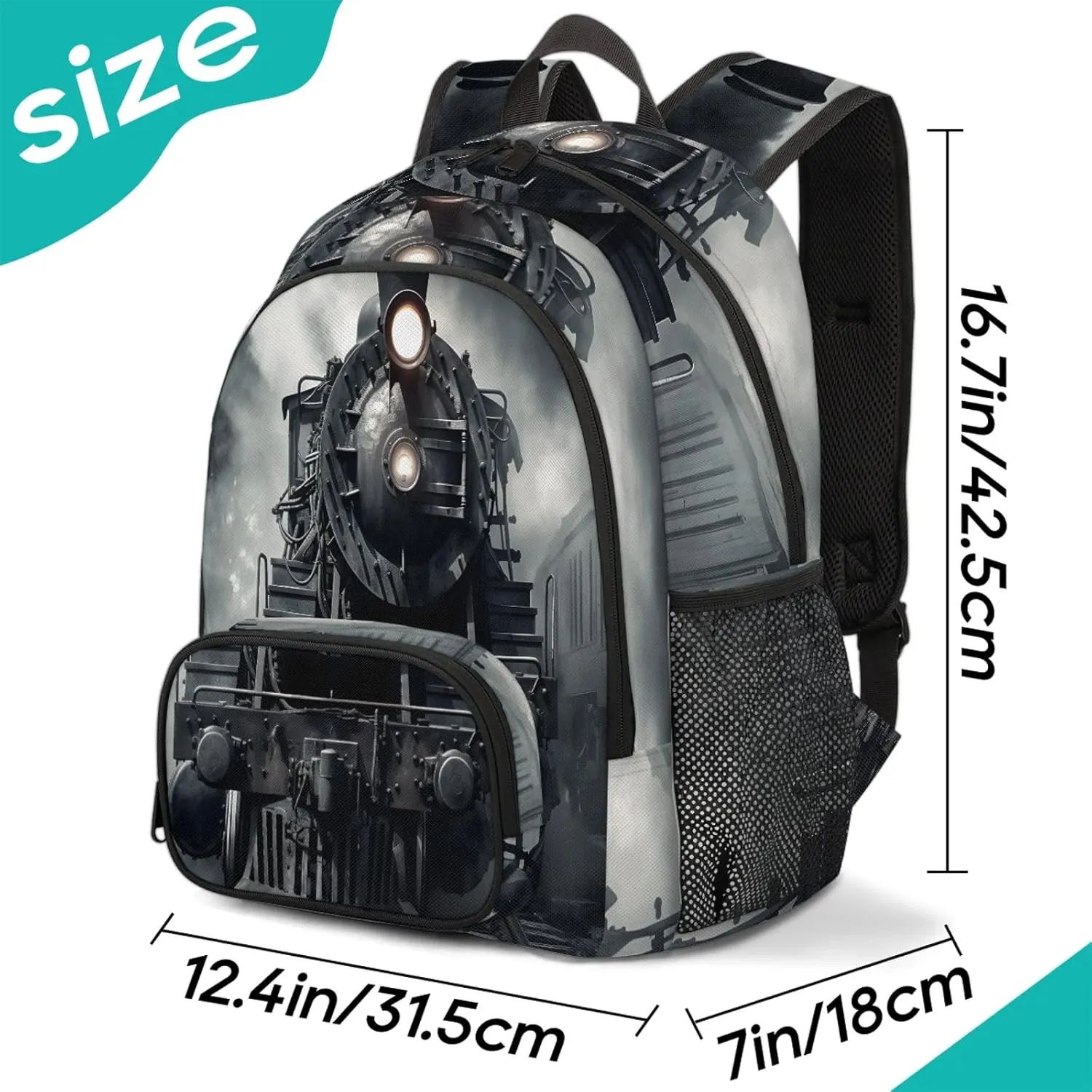 Vintage Steam Locomotive Train 16.7 Inch Backpack Waterproof Shoulder Bag with Adjustable Strap Casual Hiking Gym Travel Daypack