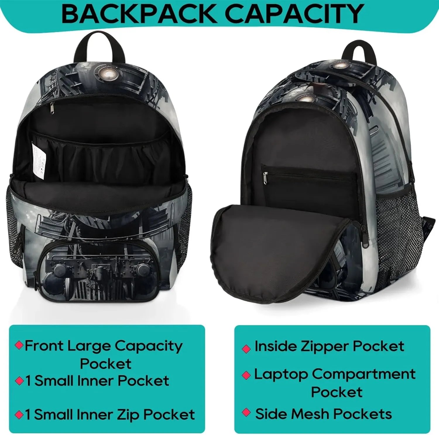 Vintage Steam Locomotive Train 16.7 Inch Backpack Waterproof Shoulder Bag with Adjustable Strap Casual Hiking Gym Travel Daypack