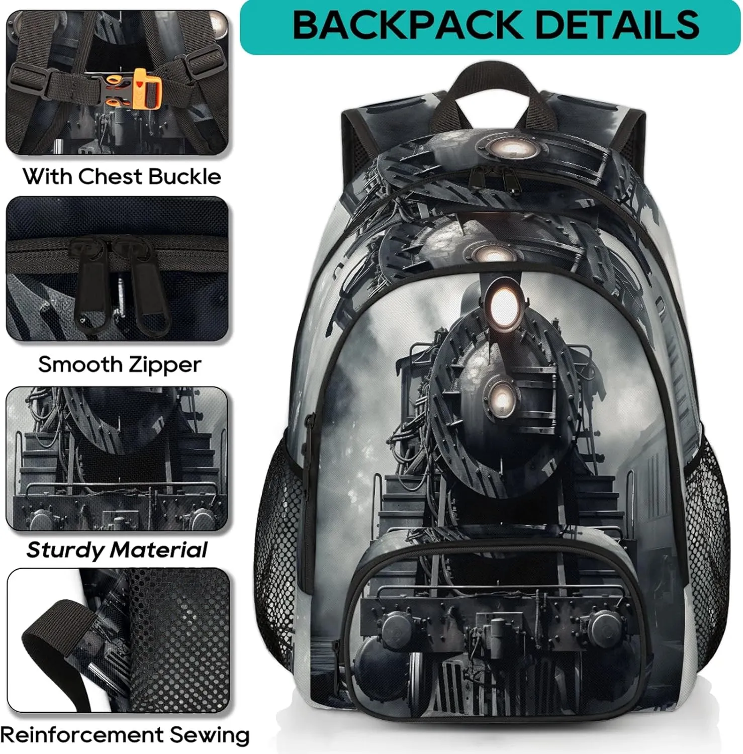 Vintage Steam Locomotive Train 16.7 Inch Backpack Waterproof Shoulder Bag with Adjustable Strap Casual Hiking Gym Travel Daypack
