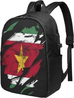 Vintage Suriname Surinamese Flag Laptop Backpacks Travel Backpack Casual Business Daypack Sport Rucksack Computer Bag Fits up to 17 Inch Notebook with USB Port