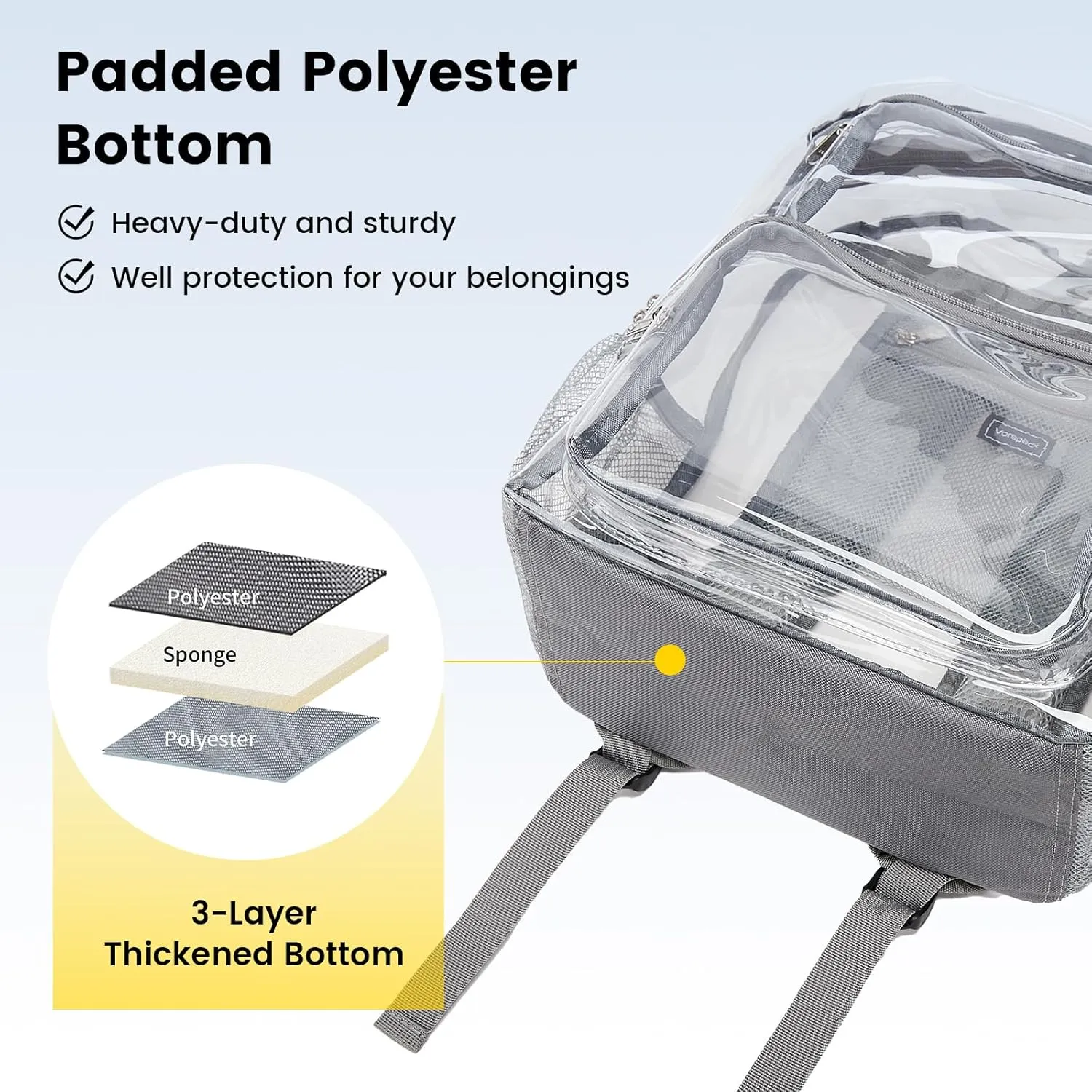 Vorspack Clear Backpack Heavy Duty - Large Clear Bookbag Transparent Backpacks See Through Backpack for College Work Travel Festival - Grey