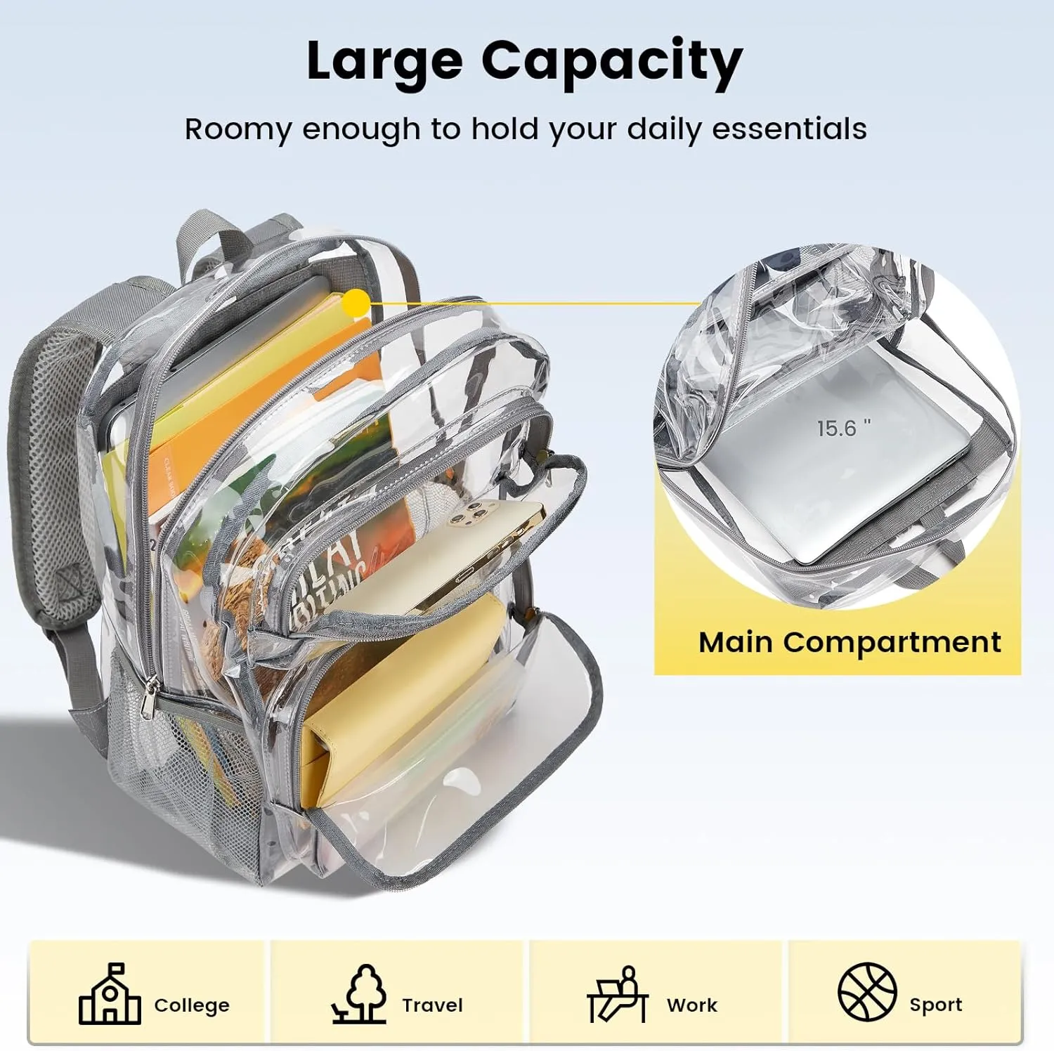 Vorspack Clear Backpack Heavy Duty - Large Clear Bookbag Transparent Backpacks See Through Backpack for College Work Travel Festival - Grey