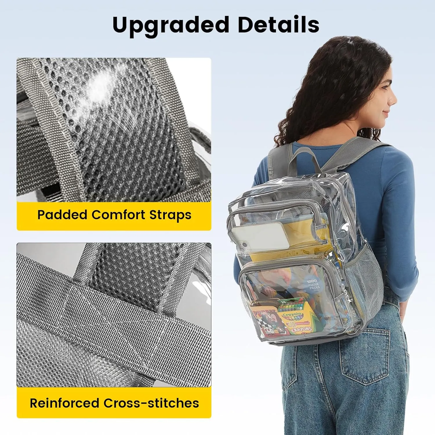 Vorspack Clear Backpack Heavy Duty - Large Clear Bookbag Transparent Backpacks See Through Backpack for College Work Travel Festival - Grey