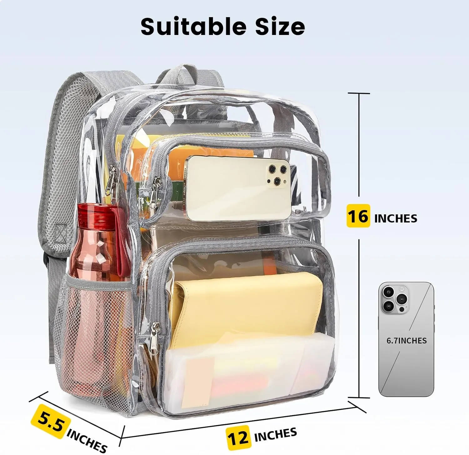 Vorspack Clear Backpack Heavy Duty - Large Clear Bookbag Transparent Backpacks See Through Backpack for College Work Travel Festival - Grey