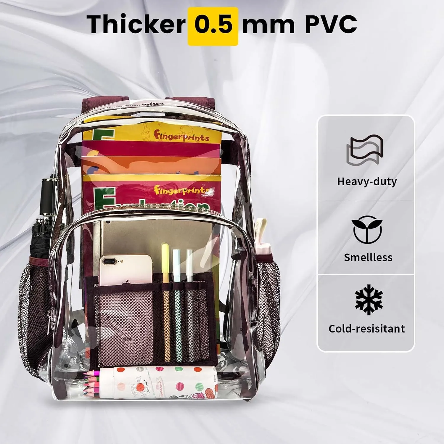 Vorspack Clear Backpack Heavy Duty PVC Transparent Backpack with Reinforced Strap Stitches & Large Capacity for College Workplace Security - Coffee