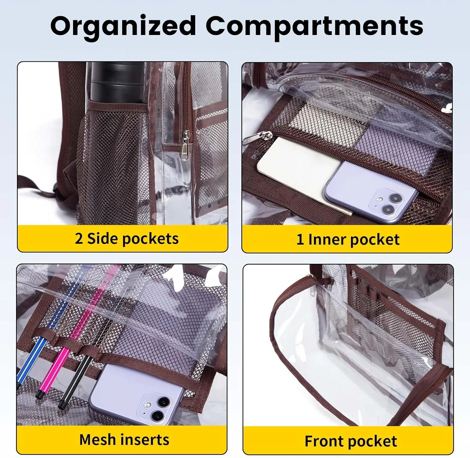 Vorspack Clear Backpack Heavy Duty PVC Transparent Backpack with Reinforced Strap Stitches & Large Capacity for College Workplace Security - Coffee