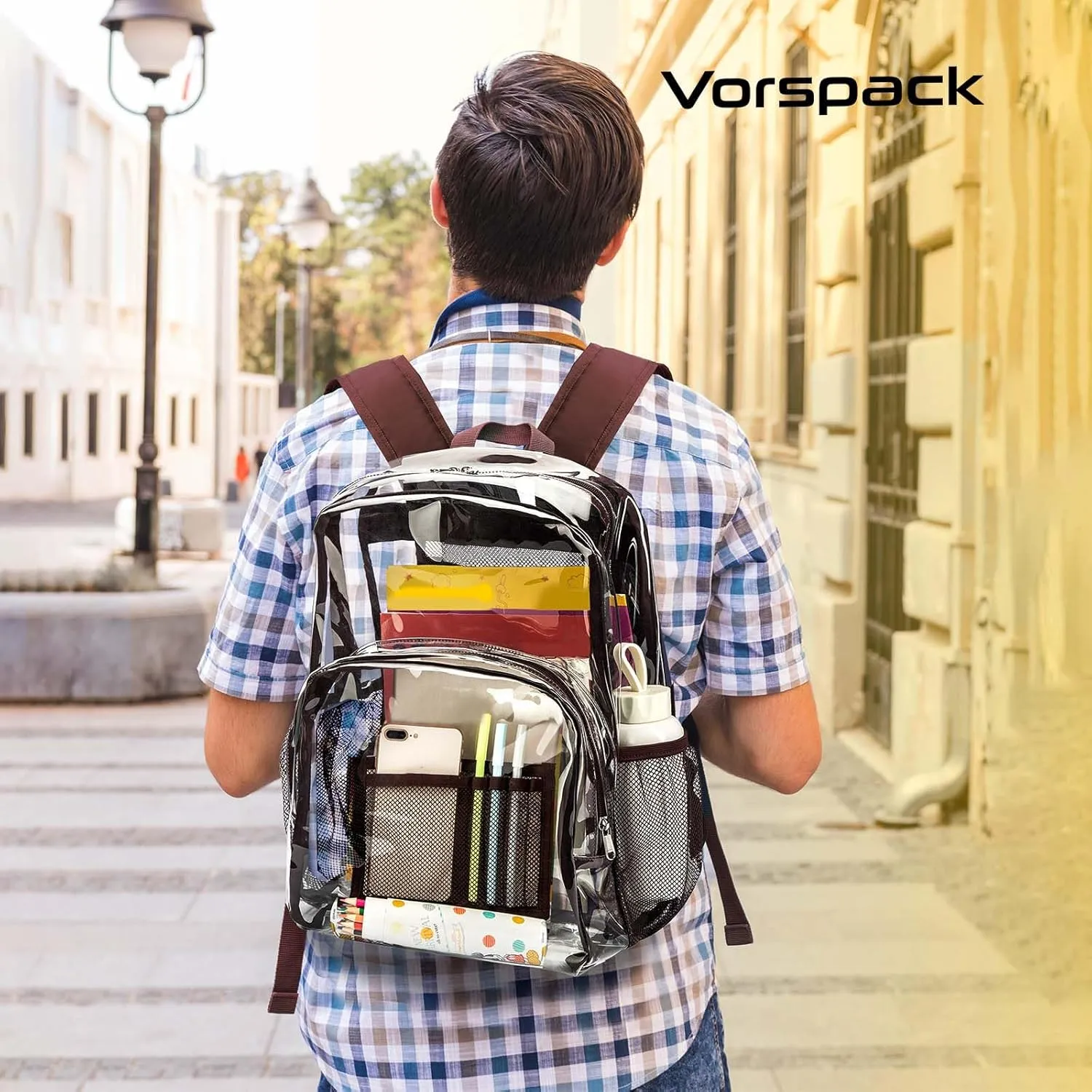 Vorspack Clear Backpack Heavy Duty PVC Transparent Backpack with Reinforced Strap Stitches & Large Capacity for College Workplace Security - Coffee