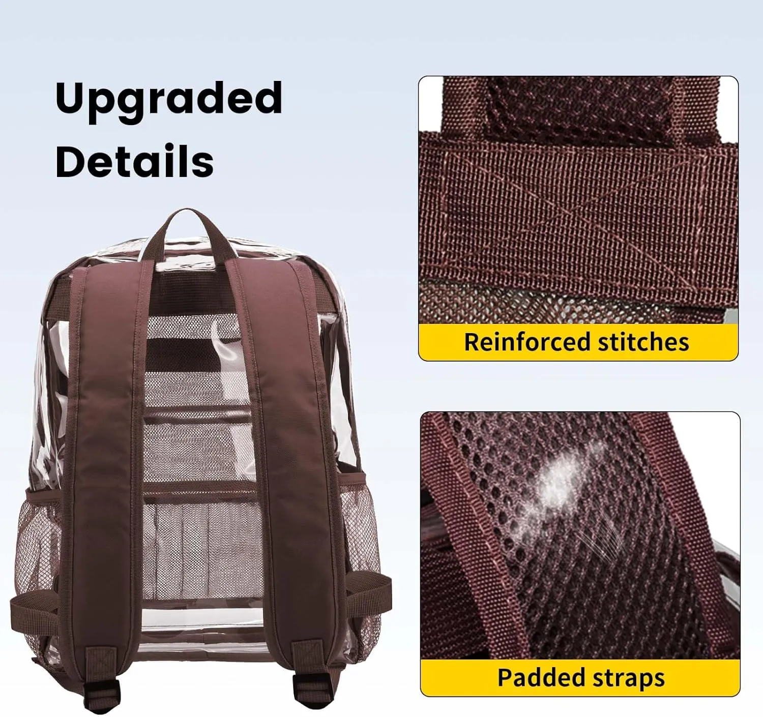 Vorspack Clear Backpack Heavy Duty PVC Transparent Backpack with Reinforced Strap Stitches & Large Capacity for College Workplace Security - Coffee