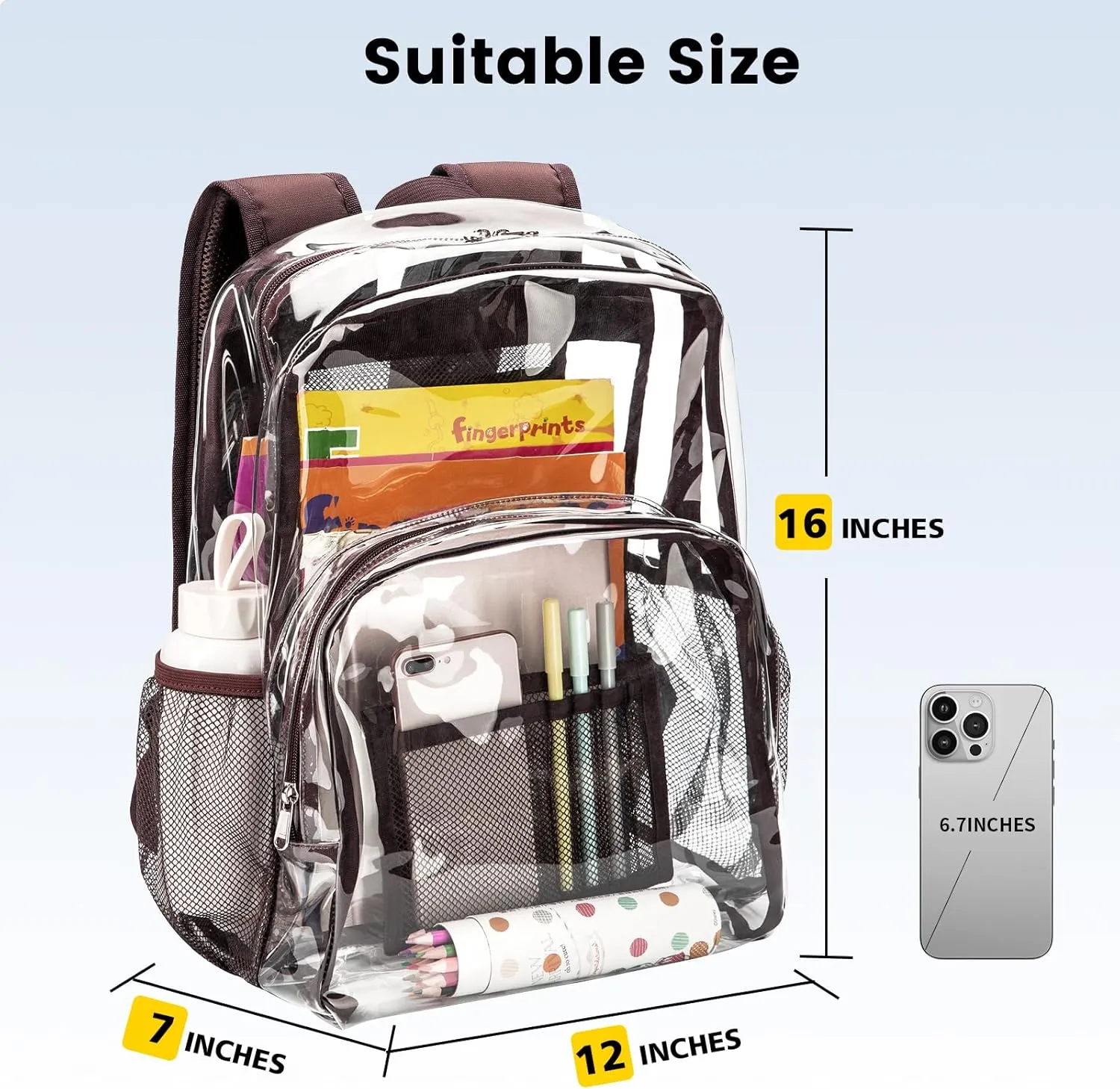 Vorspack Clear Backpack Heavy Duty PVC Transparent Backpack with Reinforced Strap Stitches & Large Capacity for College Workplace Security - Coffee