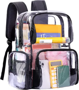 Vorspack Clear Backpack - Transparent Backpack with Reinforced Bottom & Multi-pockets for College Workplace Security - Black