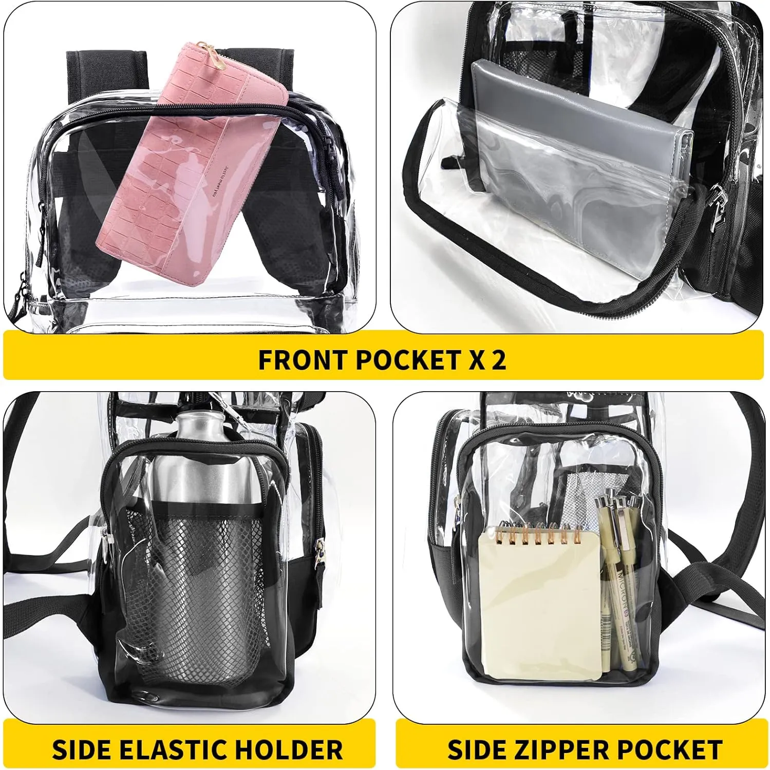 Vorspack Clear Backpack - Transparent Backpack with Reinforced Bottom & Multi-pockets for College Workplace Security - Black