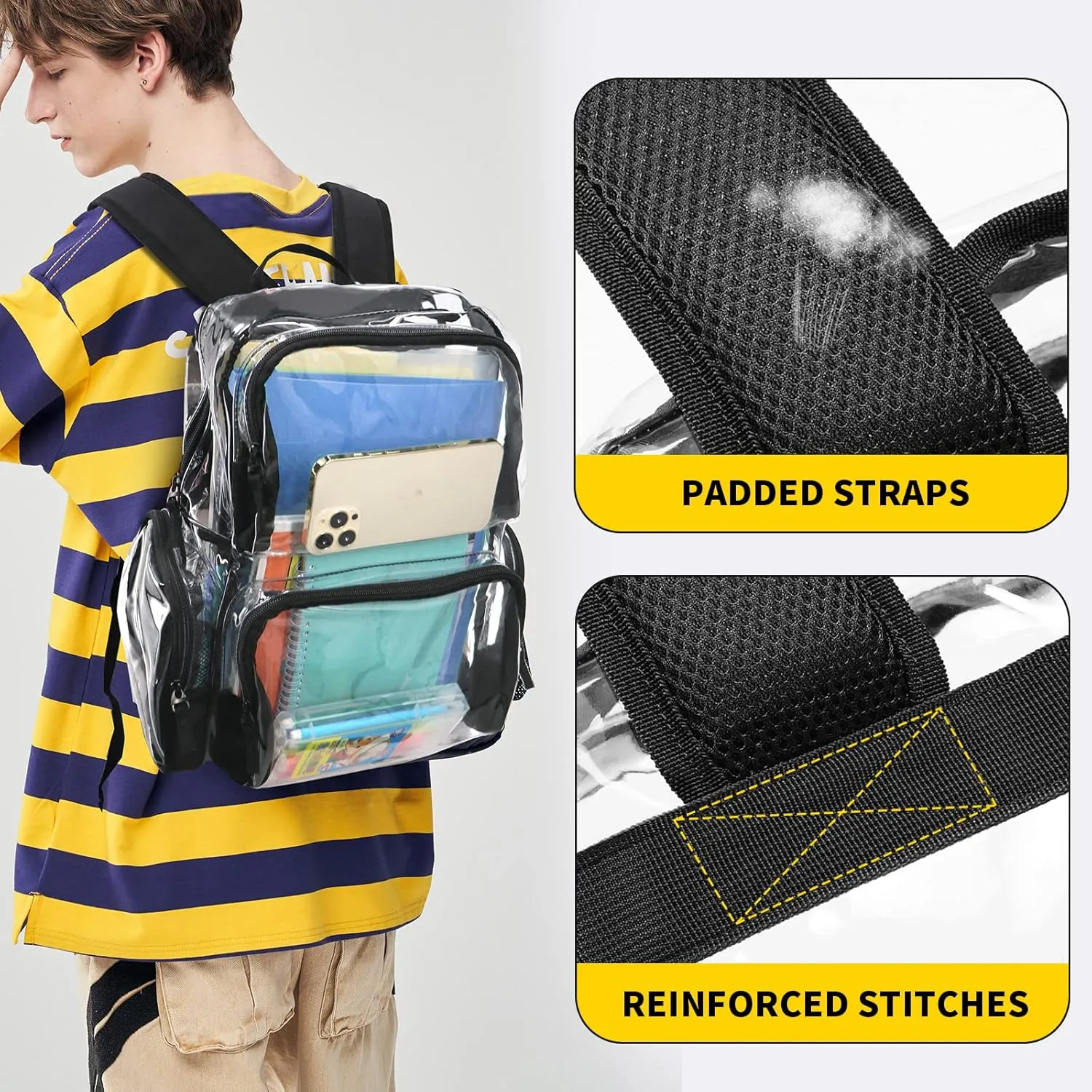 Vorspack Clear Backpack - Transparent Backpack with Reinforced Bottom & Multi-pockets for College Workplace Security - Black