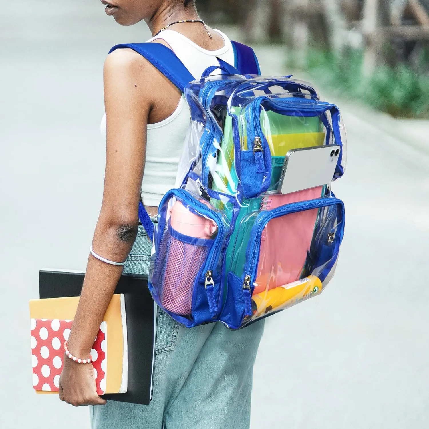 Vorspack Clear Backpack - Transparent Backpack with Reinforced Bottom & Multi-pockets for College Workplace Security - Blue