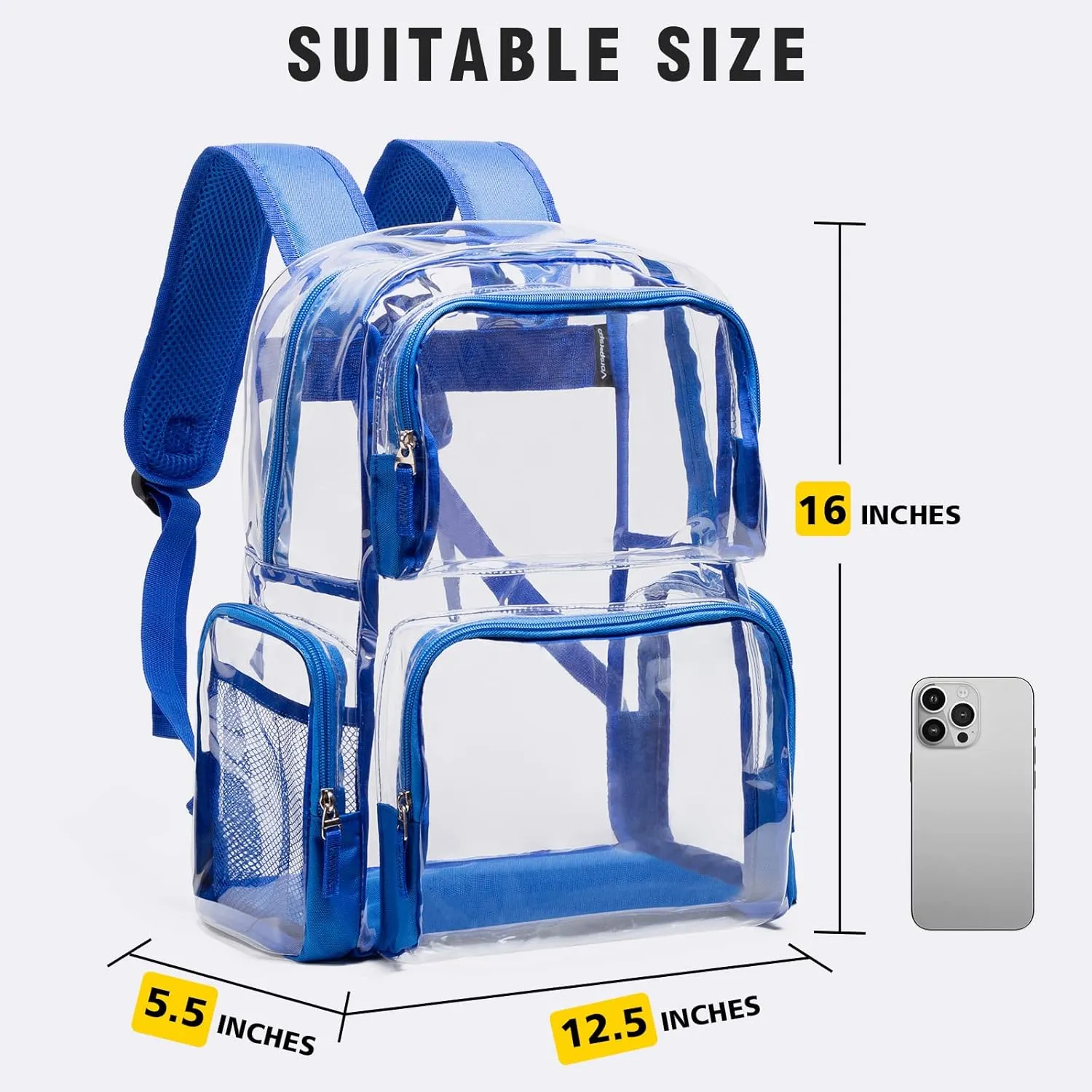 Vorspack Clear Backpack - Transparent Backpack with Reinforced Bottom & Multi-pockets for College Workplace Security - Blue