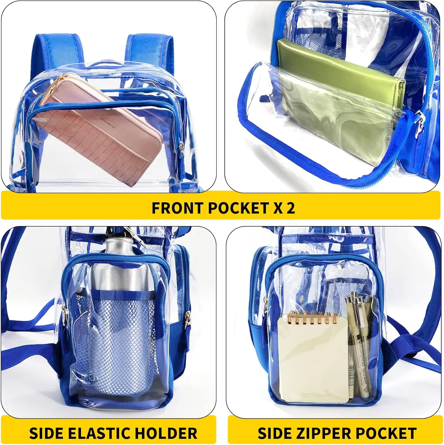 Vorspack Clear Backpack - Transparent Backpack with Reinforced Bottom & Multi-pockets for College Workplace Security - Blue