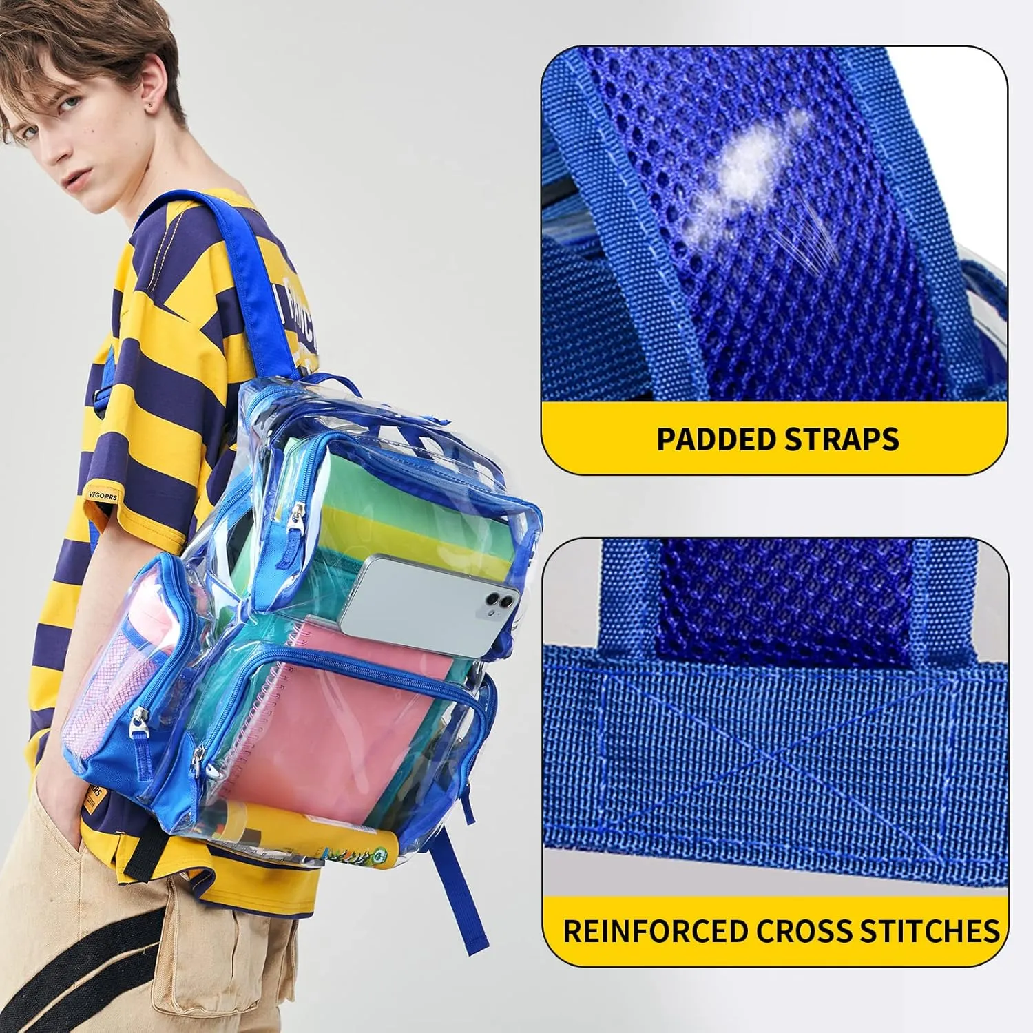 Vorspack Clear Backpack - Transparent Backpack with Reinforced Bottom & Multi-pockets for College Workplace Security - Blue