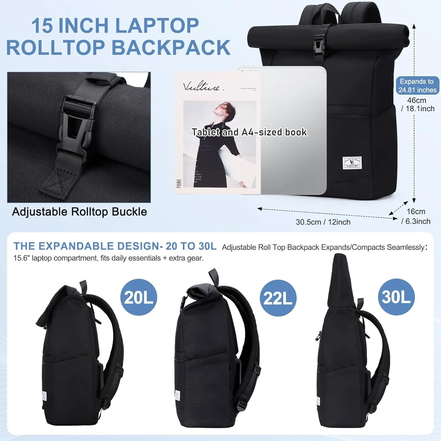 VX VONXURY Roll Top Backpack for Women,15.6 inch Laptop Backpack for Men,Top Open Casual Daypack for Work Travel