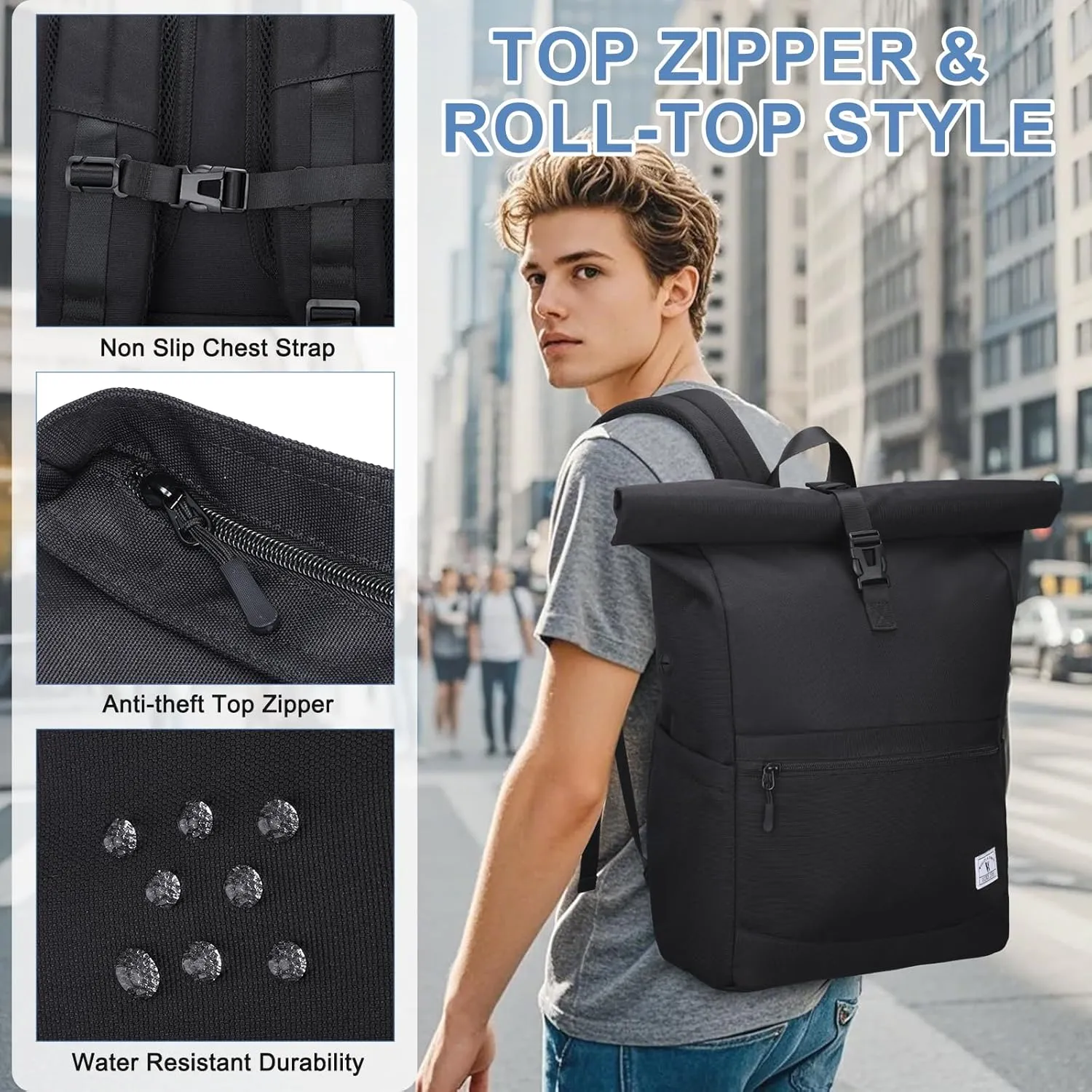 VX VONXURY Roll Top Backpack for Women,15.6 inch Laptop Backpack for Men,Top Open Casual Daypack for Work Travel