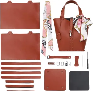 WADORN DIY PU Leather Bucket Bag Making Kits, Homemade Tote Bag Making Material Handicraft Handbag Sewing All Accessories DIY Personalized Bag Stitching Set, 6.5x8.66 Inch, Brown