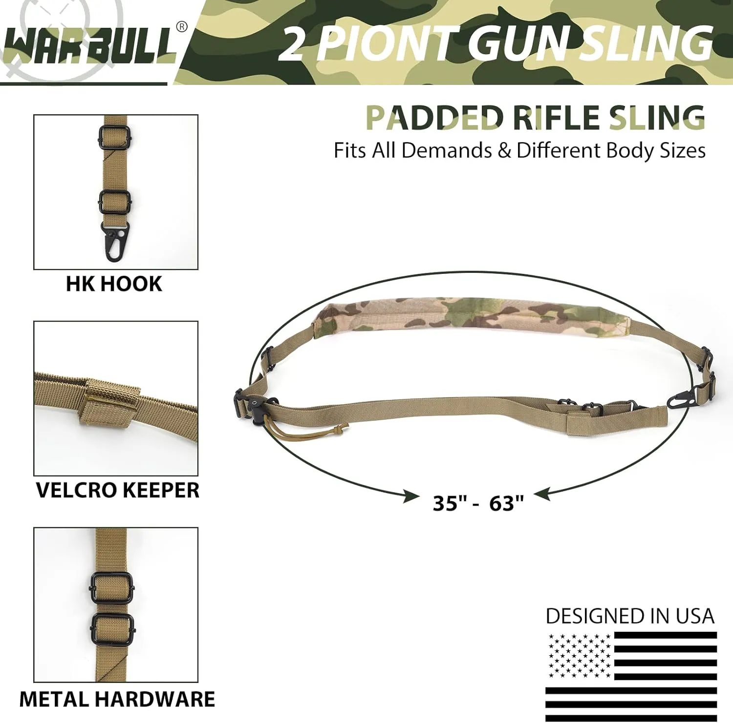 WarBull 2 Point Rifle Sling, Quick Adjust Gun Sling with HK Hook, Soft Shoulder Pad Traditional Sling for Rifle Shotgun Camera Crossbow Hunting Shooting and Outdoor Sports with Keychain Gift