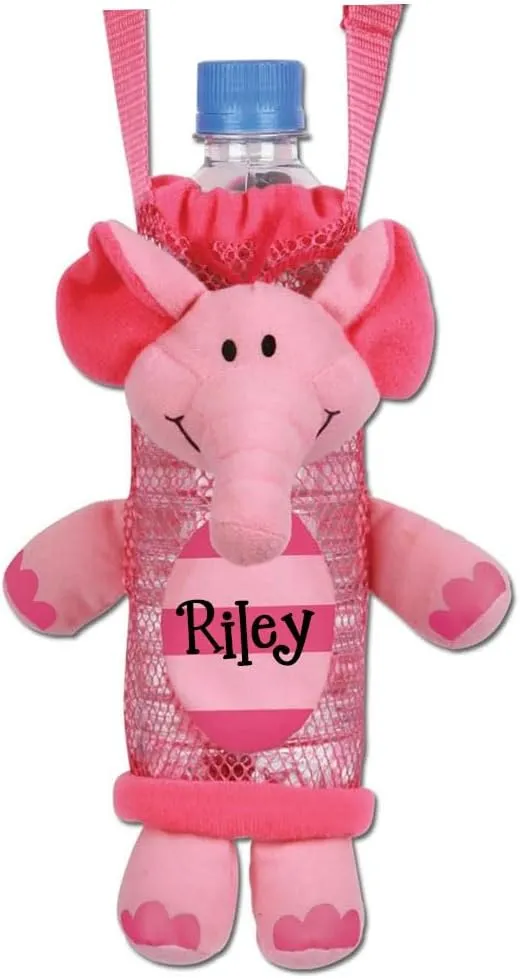 Water Bottle Holder for Kids Drink Carrier with Adjustable Shoulder Strap Pink Elephant Buddy Personalized with Custom Name