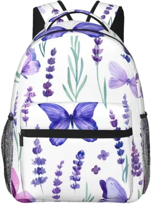 Watercolor Lavender Flowers Butterfly Backpack Laptop Backpack Sports Travel Shoulder bag Light casual backpack