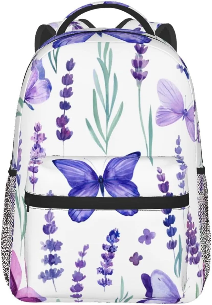 Watercolor Lavender Flowers Butterfly Backpack Laptop Backpack Sports Travel Shoulder bag Light casual backpack