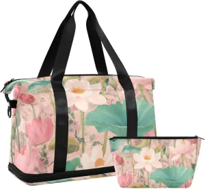 Watercolor Lotus Pond Gym Bag for Women Sport Travel Duffel Bag Shoulder Weekender Overnight Bags with Wet Pocket & Shoe Compartment