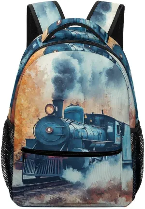 Watercolor Vintage Steam Train Casual Daypack Backpack Laptop Bag Cute Unisex for Travel Business Work