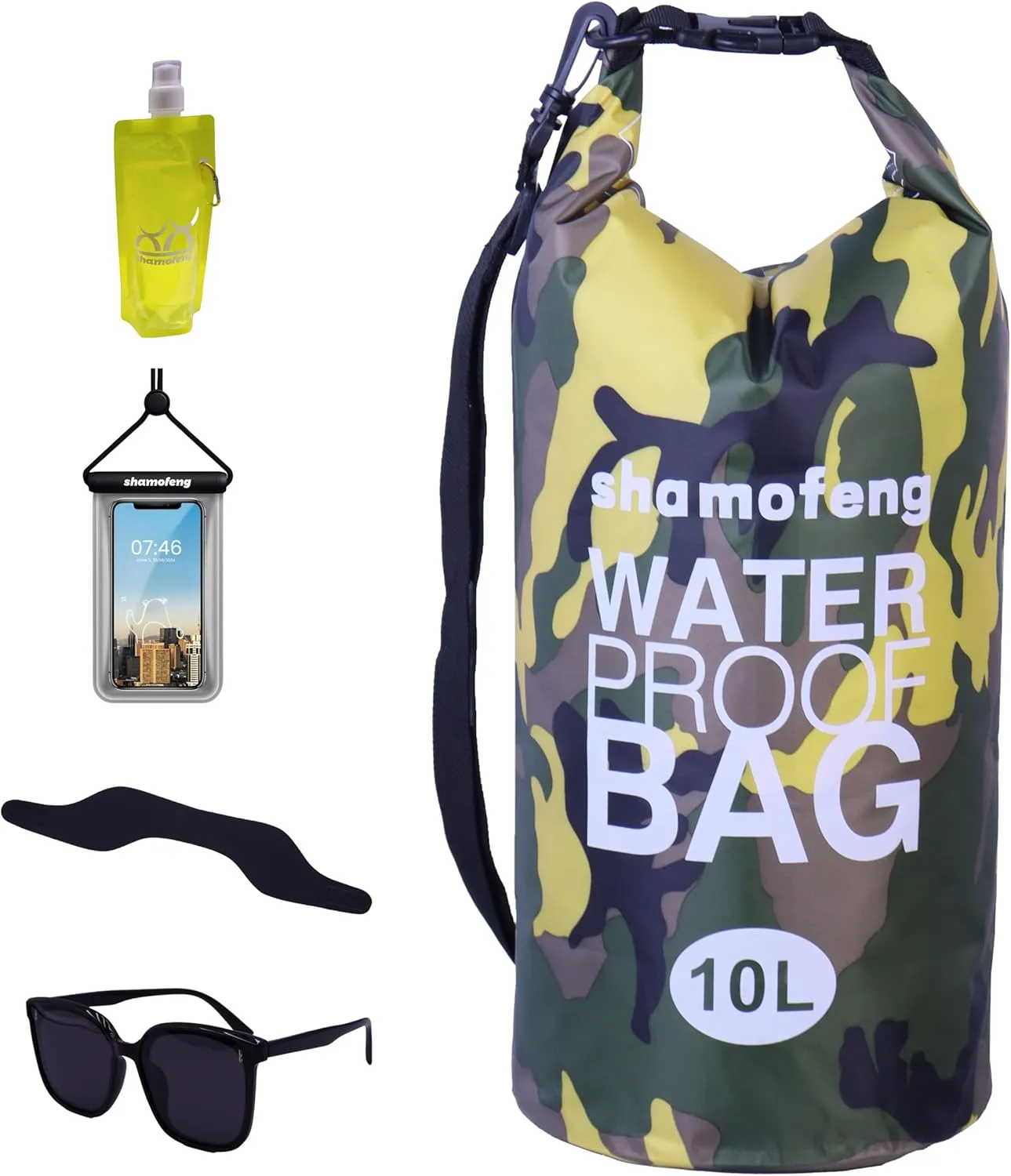 Waterproof Dry Bag Combo 5-30L Roll Top Dry Storage Bag Backpack for Kayaking Boating Beach Camping Travel Fishing, w/Phone Case & Collapsible Water Bottle & Sunglasses & Ear Band,Yellow 30L
