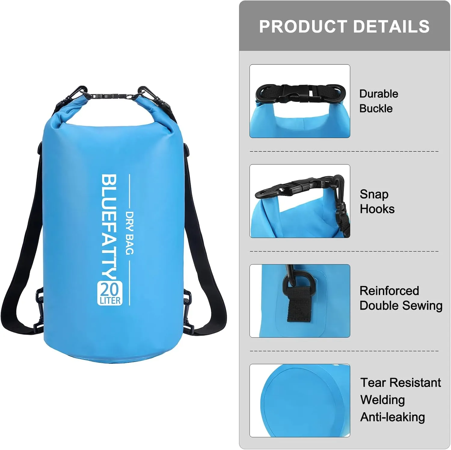 Waterproof Dry Bag Floating Roll Top Waterproof Backpack for Kayaking, Rafting, Boating, SUP, Fishing with IPX8 Waterproof Phone Case, Blue, 20L