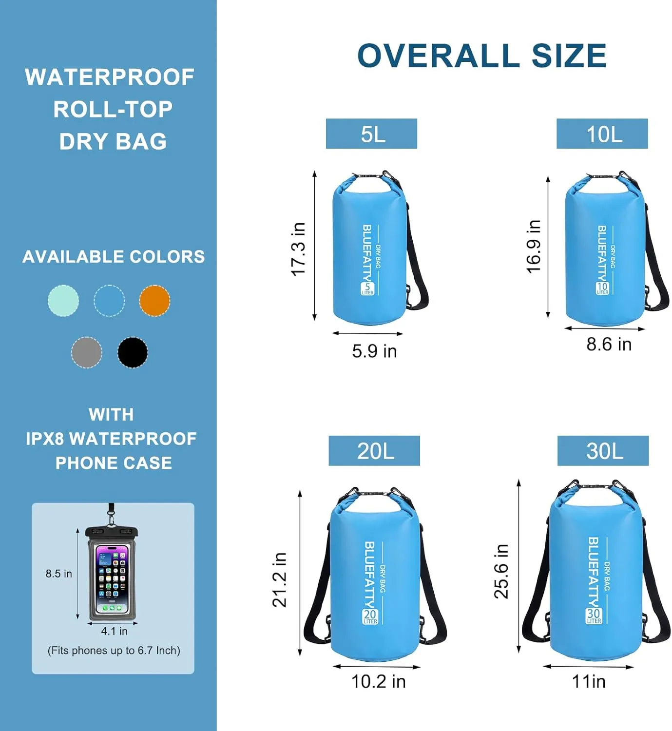 Waterproof Dry Bag Floating Roll Top Waterproof Backpack for Kayaking, Rafting, Boating, SUP, Fishing with IPX8 Waterproof Phone Case, Blue, 20L