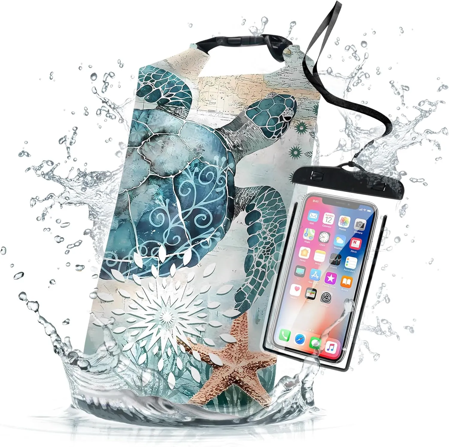Waterproof Dry Bag Heavy Duty Marine Dry Bags for Kayaking Hiking Sea Turtle Nautical Starfish Backpack Roll-Top Closure Bag - Backpack Waterproof Phone Case 35L/55L/85L