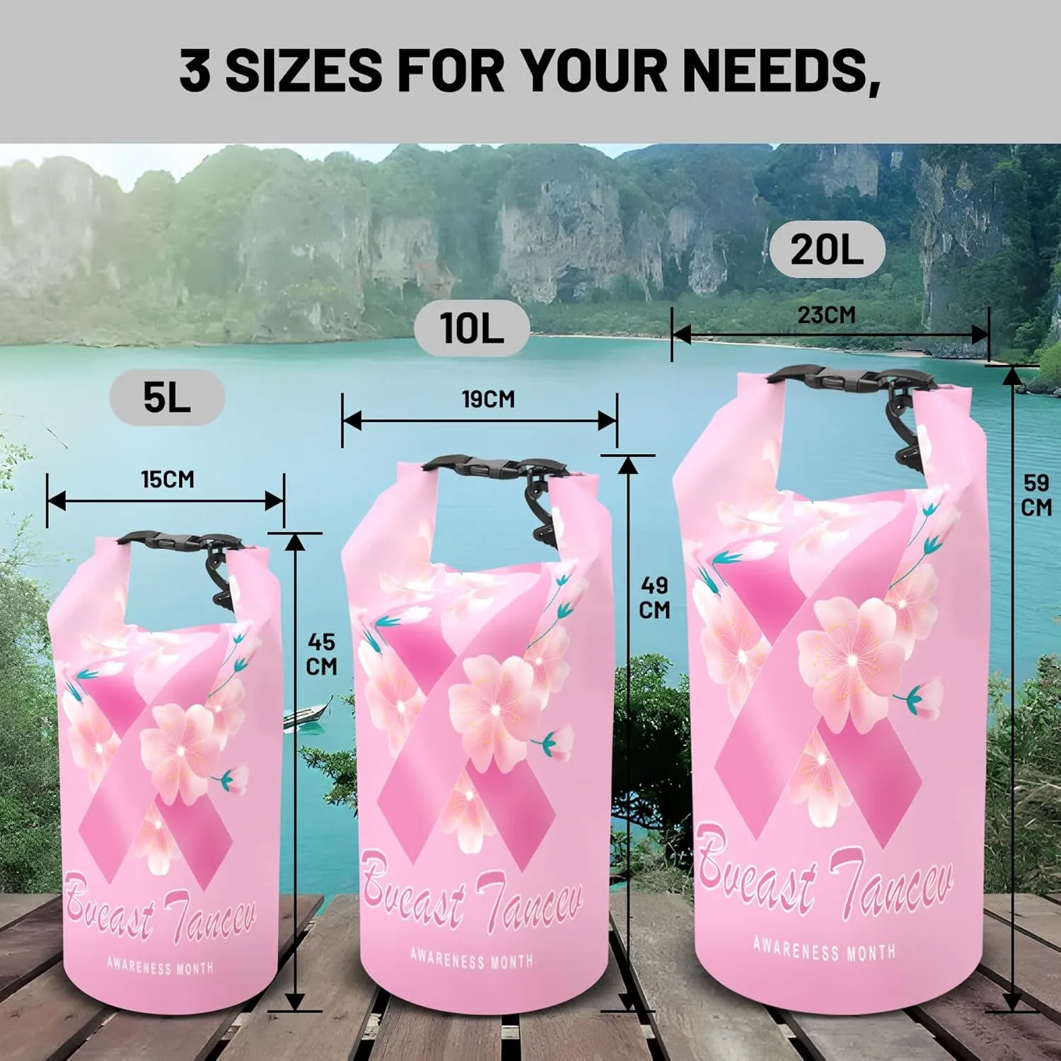 Waterproof Dry Bag,Roll Top Breast Cancer Awareness Month Waterproof Backpack 5L/10L/20L Floating and Lightweight Bags for Kayaking, Boating, Fishing, Swimming and Camping