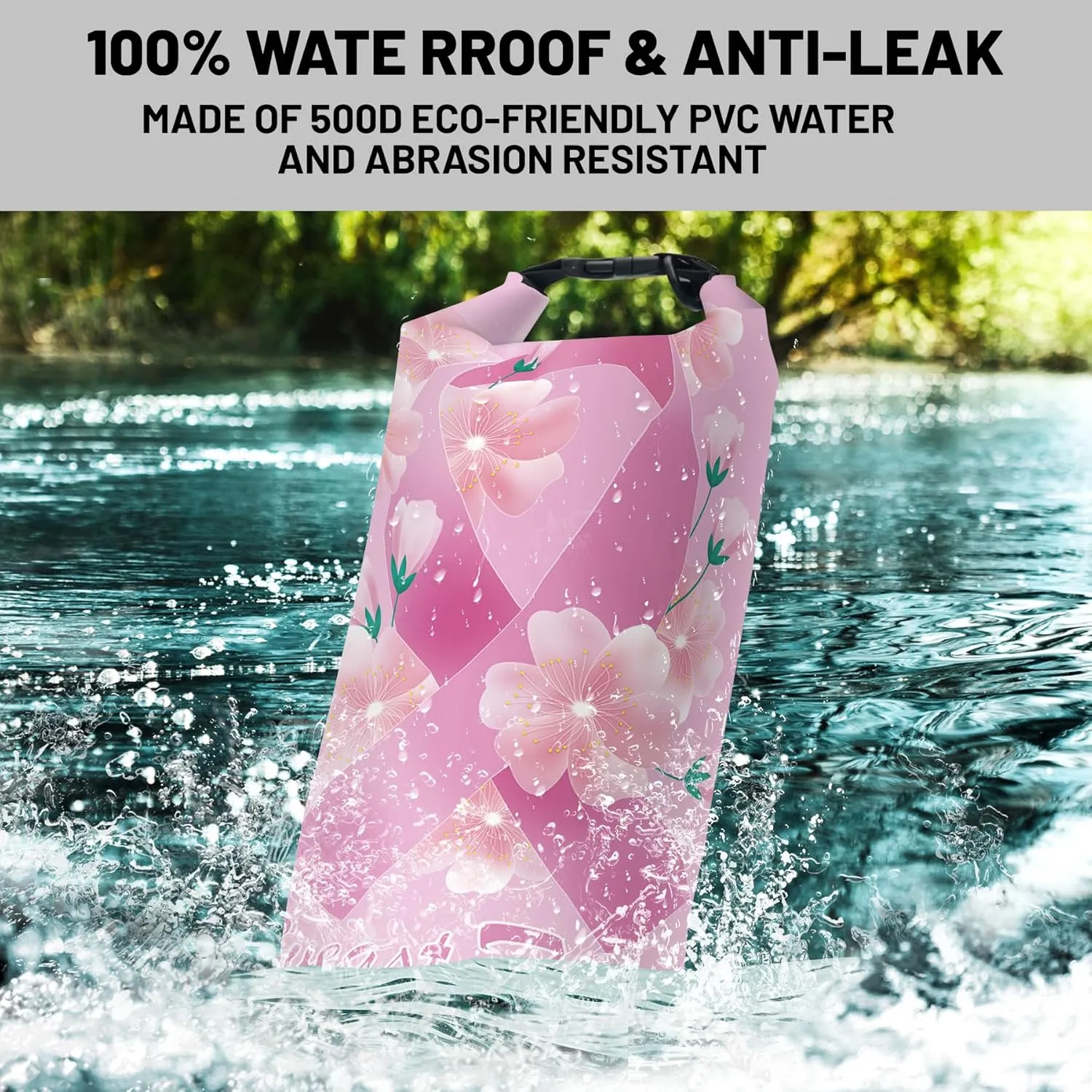 Waterproof Dry Bag,Roll Top Breast Cancer Awareness Month Waterproof Backpack 5L/10L/20L Floating and Lightweight Bags for Kayaking, Boating, Fishing, Swimming and Camping