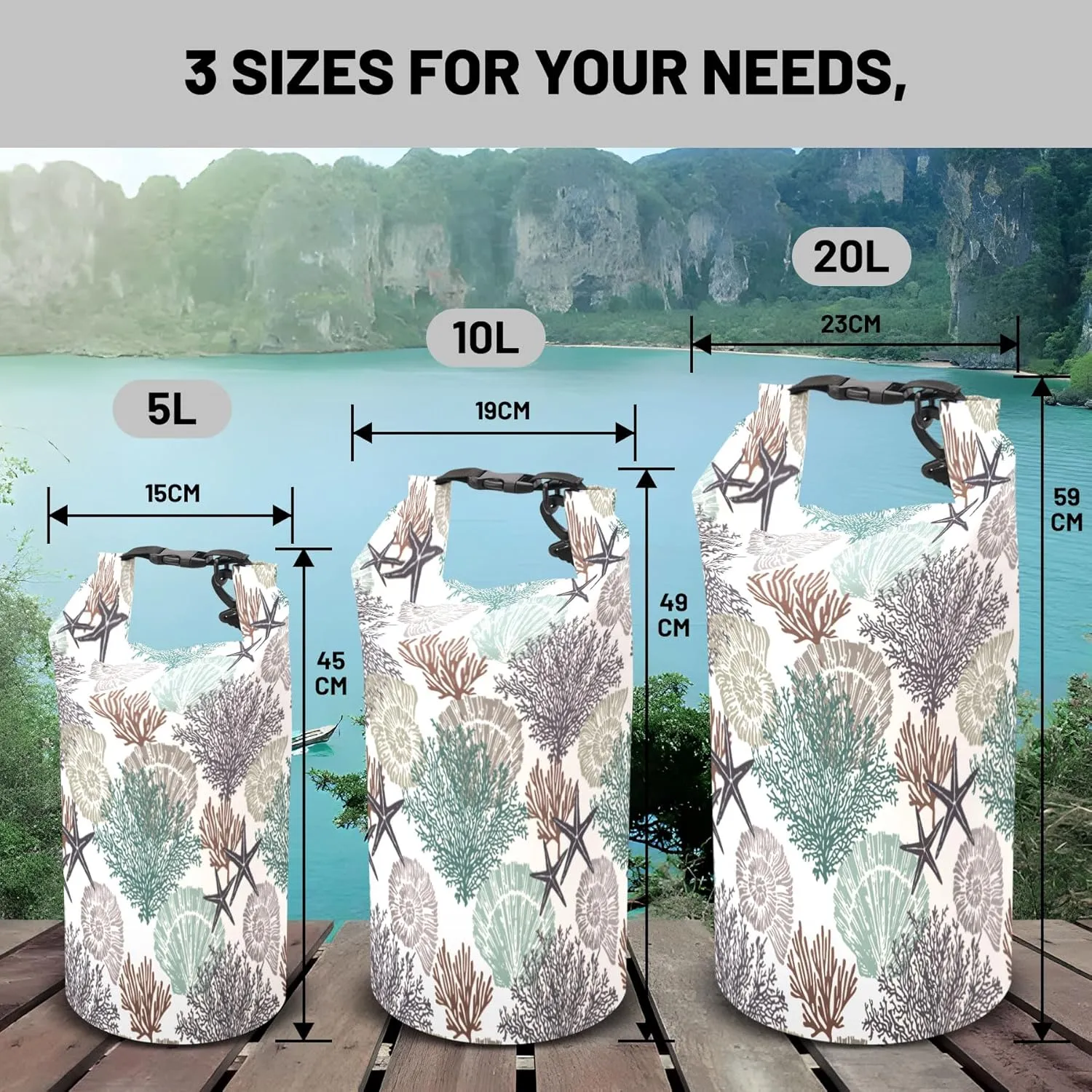 Waterproof Dry Bag,Roll Top Coastal Summer Beach Coral Starfish Waterproof Backpack 5L/10L/20L Floating and Lightweight Bags for Kayaking, Boating, Fishing, Swimming and Camping