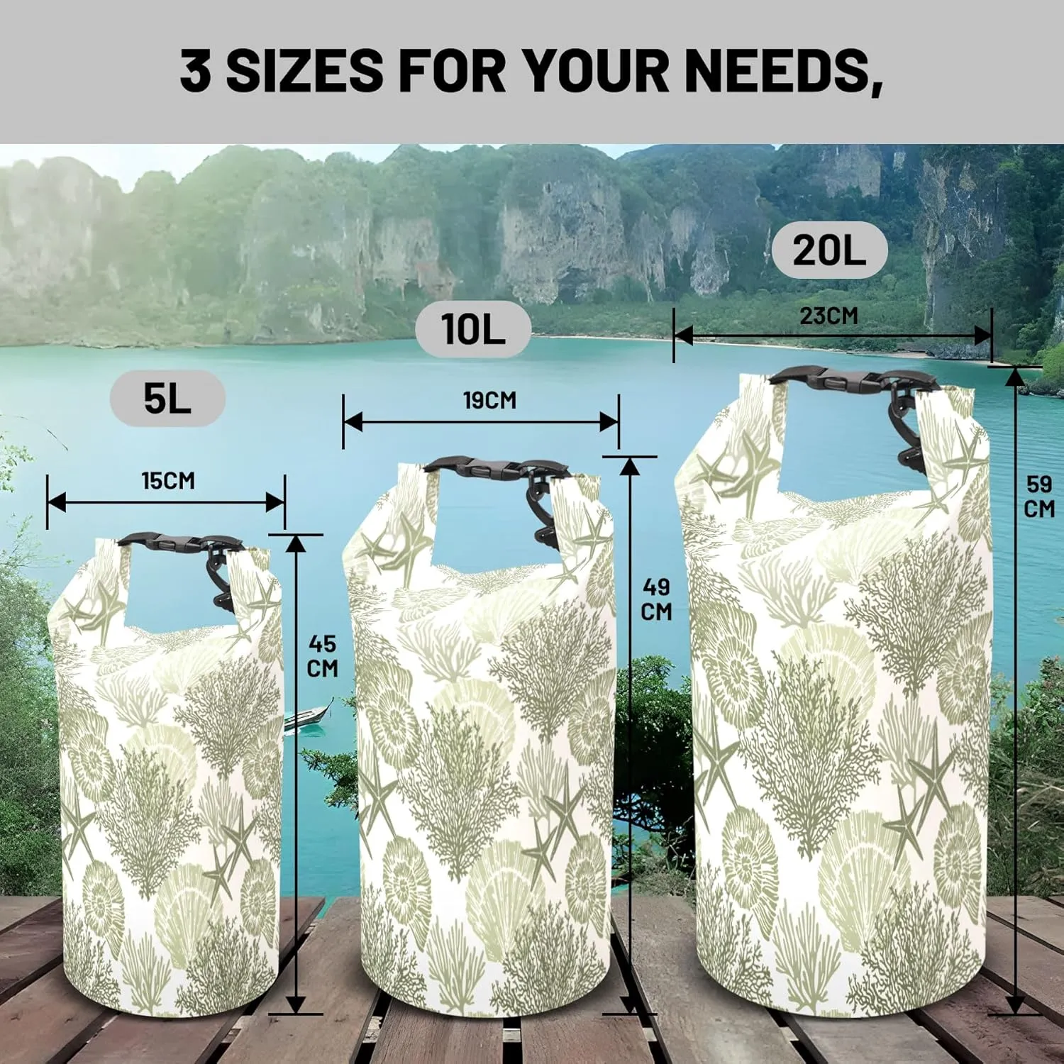 Waterproof Dry Bag,Roll Top Coastal Summer Beach Coral Starfish Waterproof Backpack 5L/10L/20L Floating and Lightweight Bags for Kayaking, Boating, Fishing, Swimming and Camping