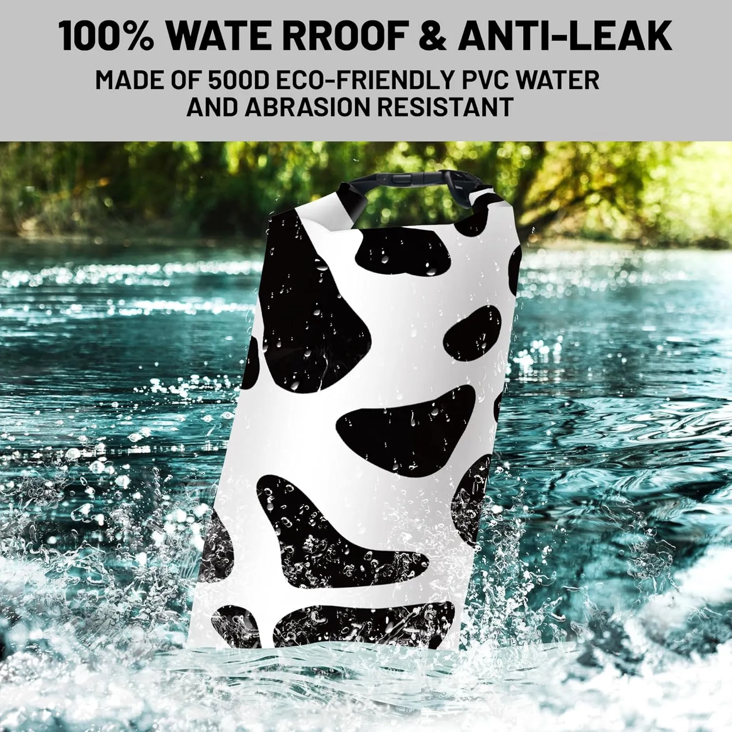 Waterproof Dry Bag,Roll Top Cow Print Black White Small Waterproof Backpack 5L/10L/20L Floating Lightweight Bags for Kayaking, Boating, Fishing, Swimming Camping with Waterproof Phone Case