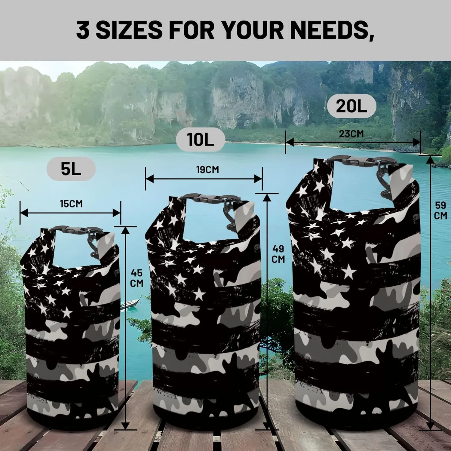 Waterproof Dry Bag,Roll Top Grey Camouflage American Flag Small Waterproof Backpack 5L/10L/20L Floating Lightweight Bags for Kayaking, Boating, Fishing, Swimming Camping with Waterproof Phone Case