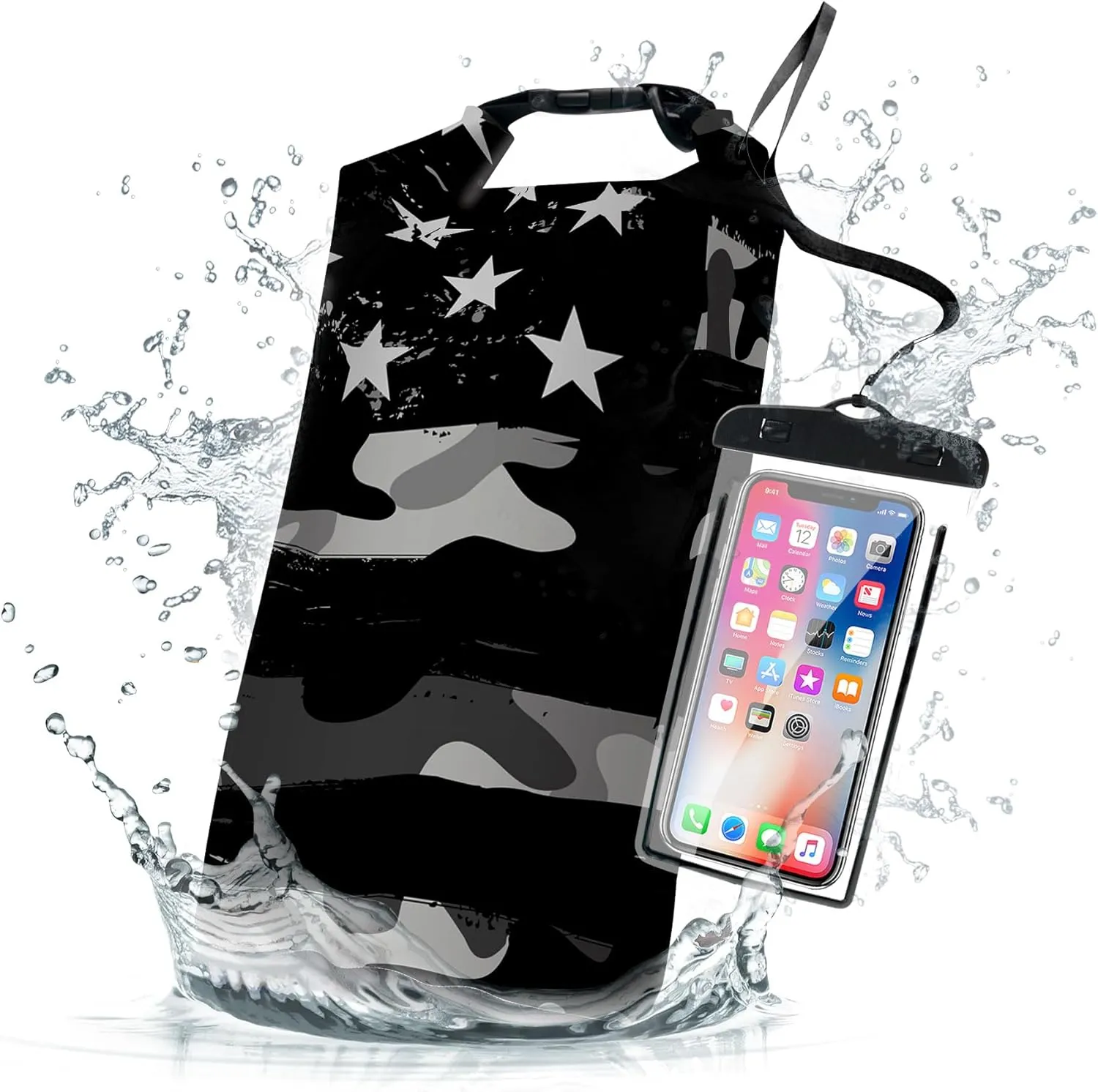 Waterproof Dry Bag,Roll Top Grey Camouflage American Flag Waterproof Backpack 5L/10L/20L Floating and Lightweight Bags for Kayaking, Boating, Fishing, Swimming and Camping with Waterproof Phone Case