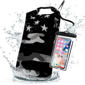 Waterproof Dry Bag,Roll Top Grey Camouflage American Flag Waterproof Backpack 5L/10L/20L Floating and Lightweight Bags for Kayaking, Boating, Fishing, Swimming and Camping with Waterproof Phone Case