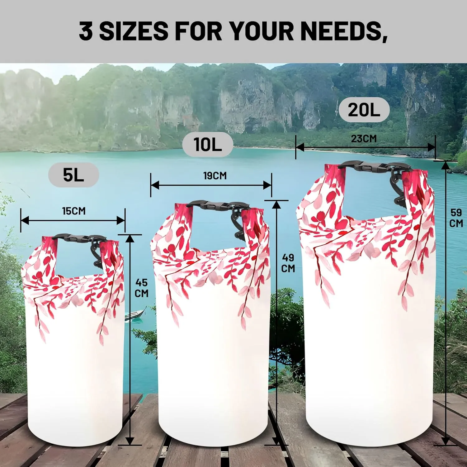 Waterproof Dry Bag,Roll Top Rose Red Eucalyptus Small Waterproof Backpack 5L/10L/20L Floating and Lightweight Bags for Kayaking, Boating, Fishing, Swimming and Camping