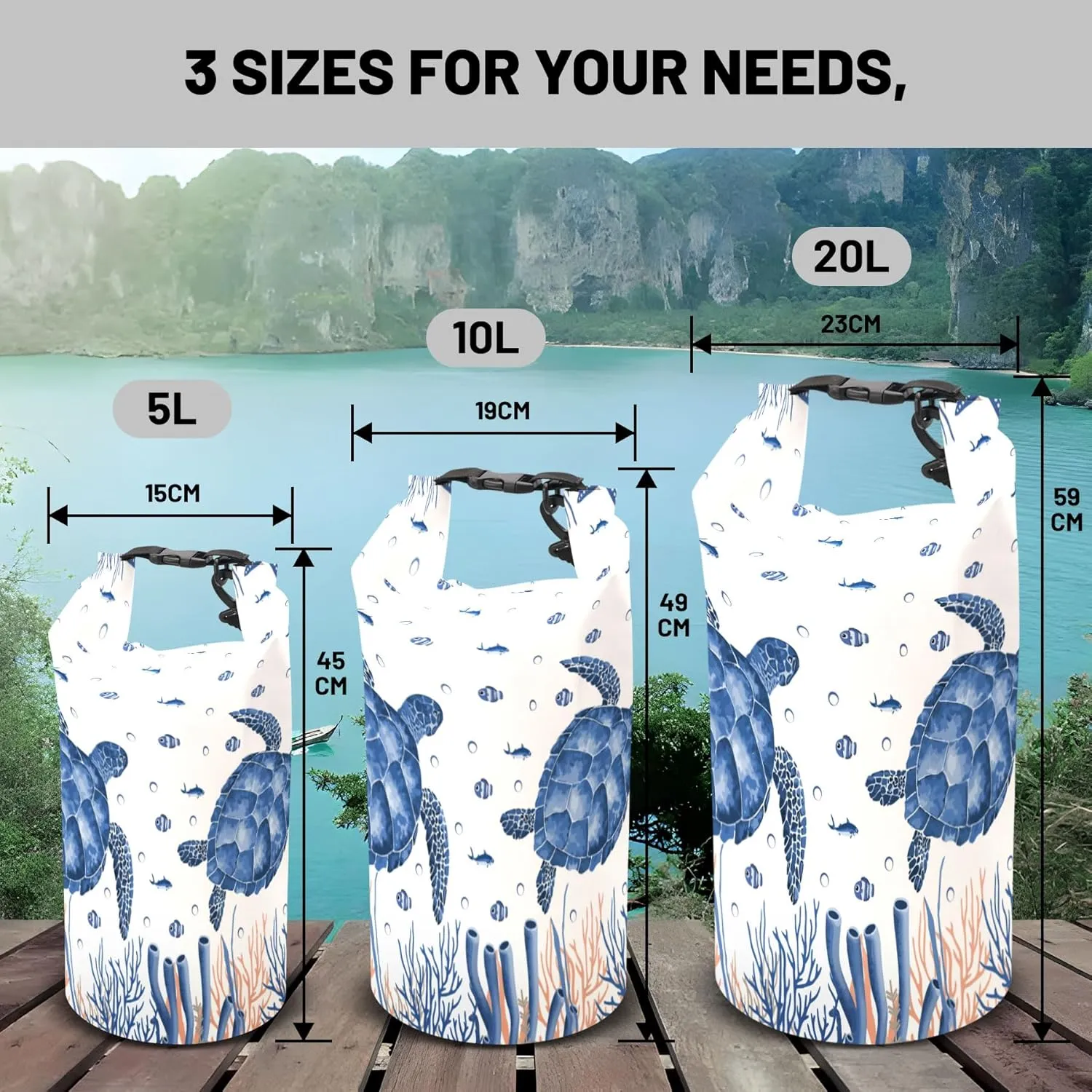 Waterproof Dry Bag,Roll Top Sea Turtle Coral Starfish Small Waterproof Backpack 5L/10L/20L Floating Lightweight Bags for Kayaking, Boating, Fishing, Swimming Camping with Waterproof Phone Case