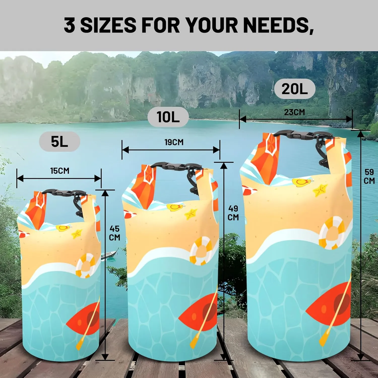 Waterproof Dry Bag,Roll Top Summer Beach Coastal Theme Small Waterproof Backpack 5L/10L/20L Floating and Lightweight Bags for Kayaking, Boating, Fishing, Swimming and Camping