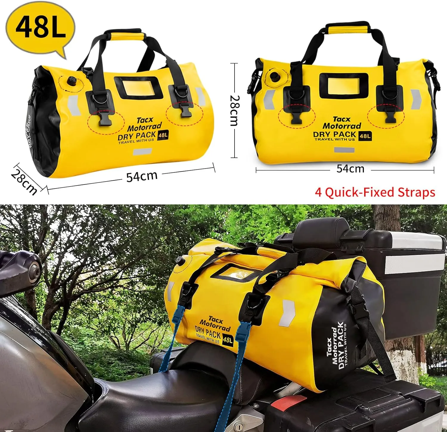 Waterproof Duffel Bag for Men/Women, Roll-top Dry Backpack Duffel Bag with Quick-fixed Straps, Motorcycle Tail Saddle Bag for Motorcycling, Rafting, Boating, Kayaking, Travel, 48L-Yellow