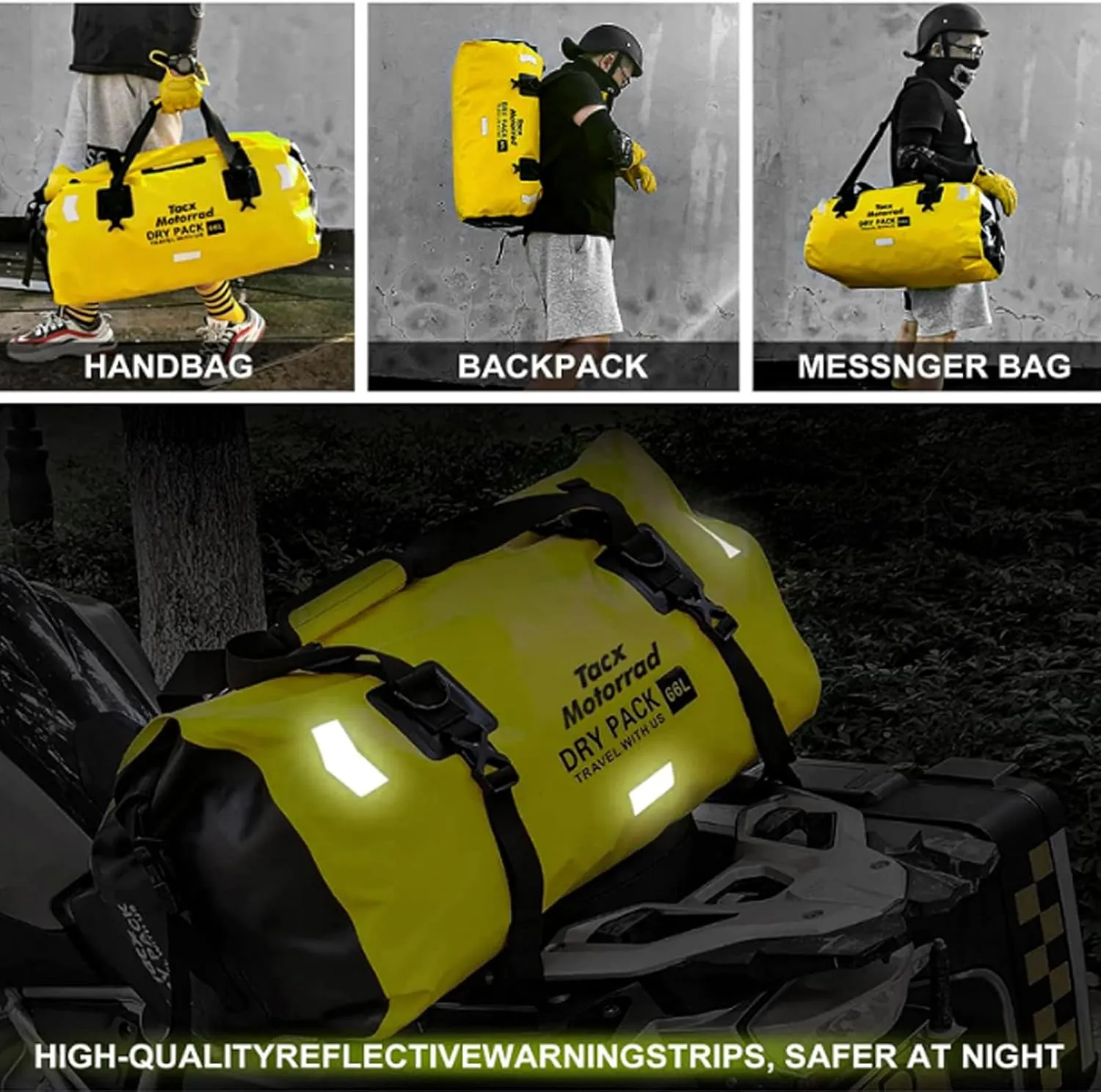 Waterproof Duffel Bag for Men/Women, Roll-top Dry Backpack Duffel Bag with Quick-fixed Straps, Motorcycle Tail Saddle Bag for Motorcycling, Rafting, Boating, Kayaking, Travel, 48L-Yellow