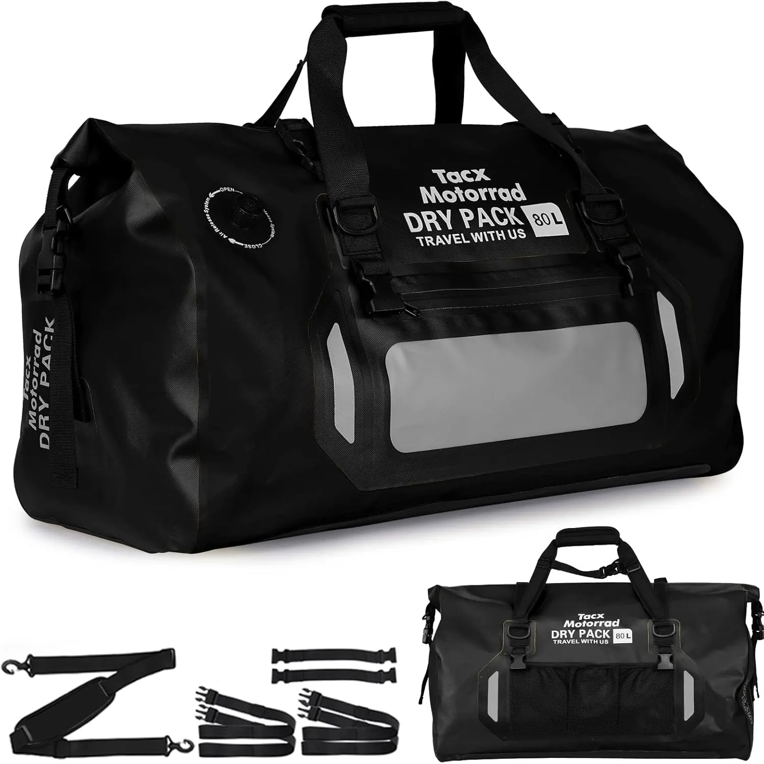 Waterproof Duffel Bag for Men/Women, Roll-top Dry Backpack Duffel Bag with Quick-fixed Straps, Motorcycle Tail Saddle Bag for Motorcycling, Rafting, Boating, Kayaking, Travel, 80L-Black