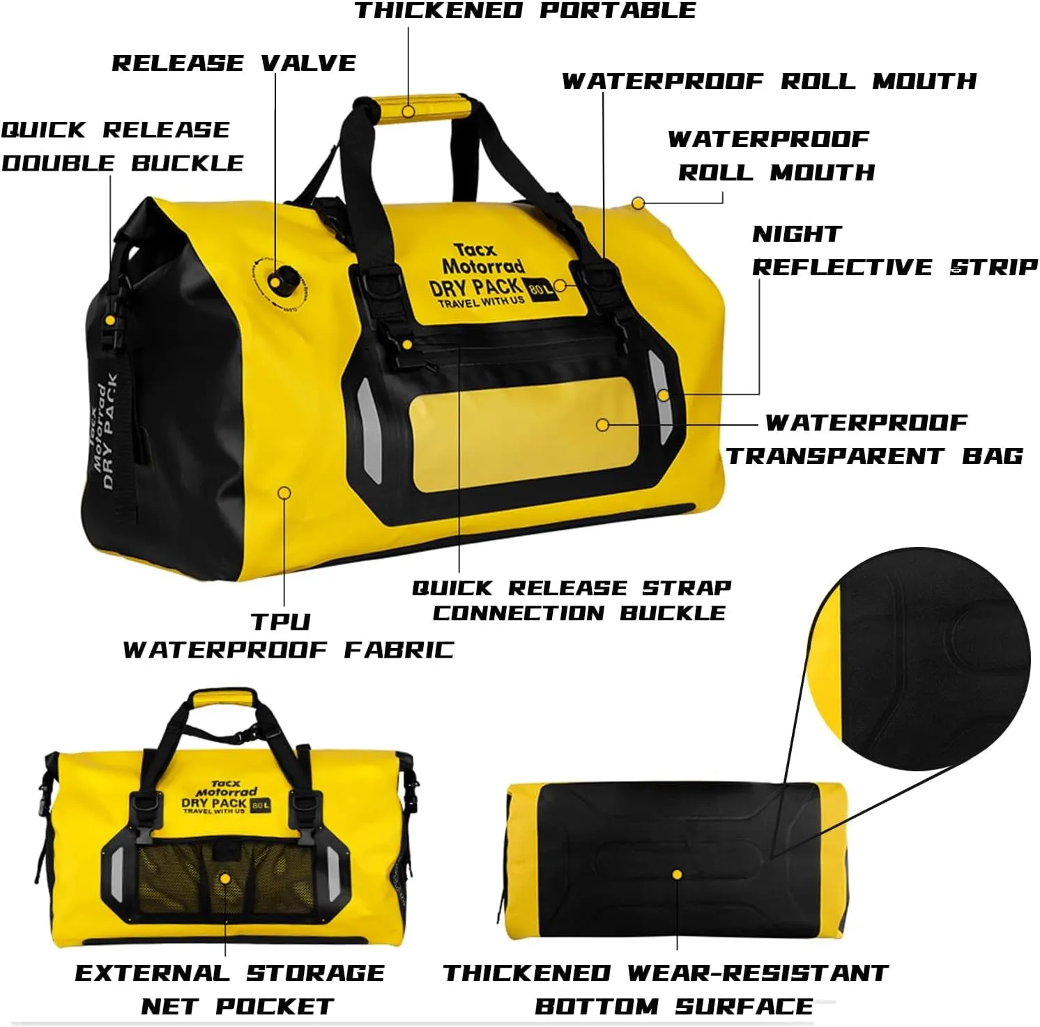 Waterproof Duffel Bag for Men/Women, Roll-top Dry Backpack Duffel Bag with Quick-fixed Straps, Motorcycle Tail Saddle Bag for Motorcycling, Rafting, Boating, Kayaking, Travel, 80L-Black