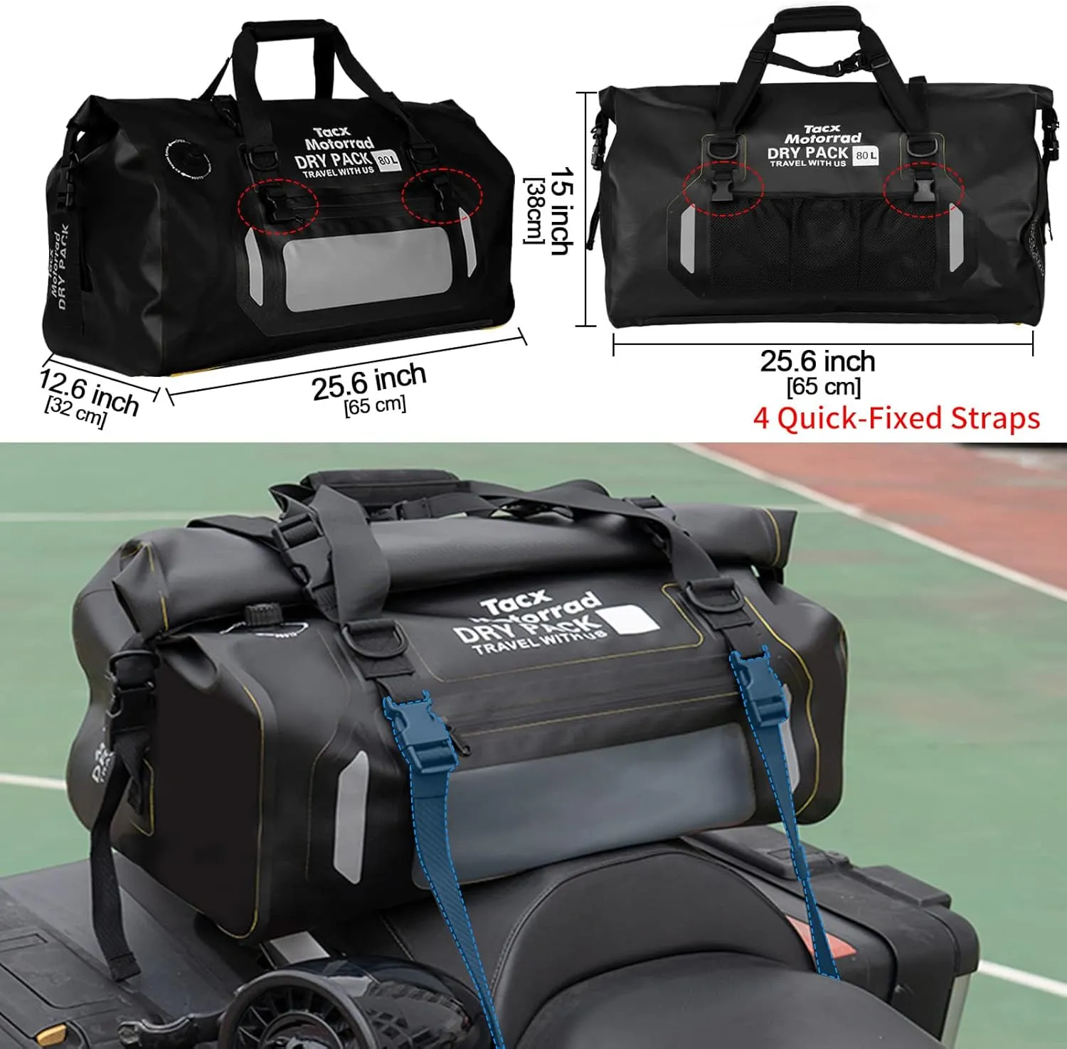 Waterproof Duffel Bag for Men/Women, Roll-top Dry Backpack Duffel Bag with Quick-fixed Straps, Motorcycle Tail Saddle Bag for Motorcycling, Rafting, Boating, Kayaking, Travel, 80L-Black